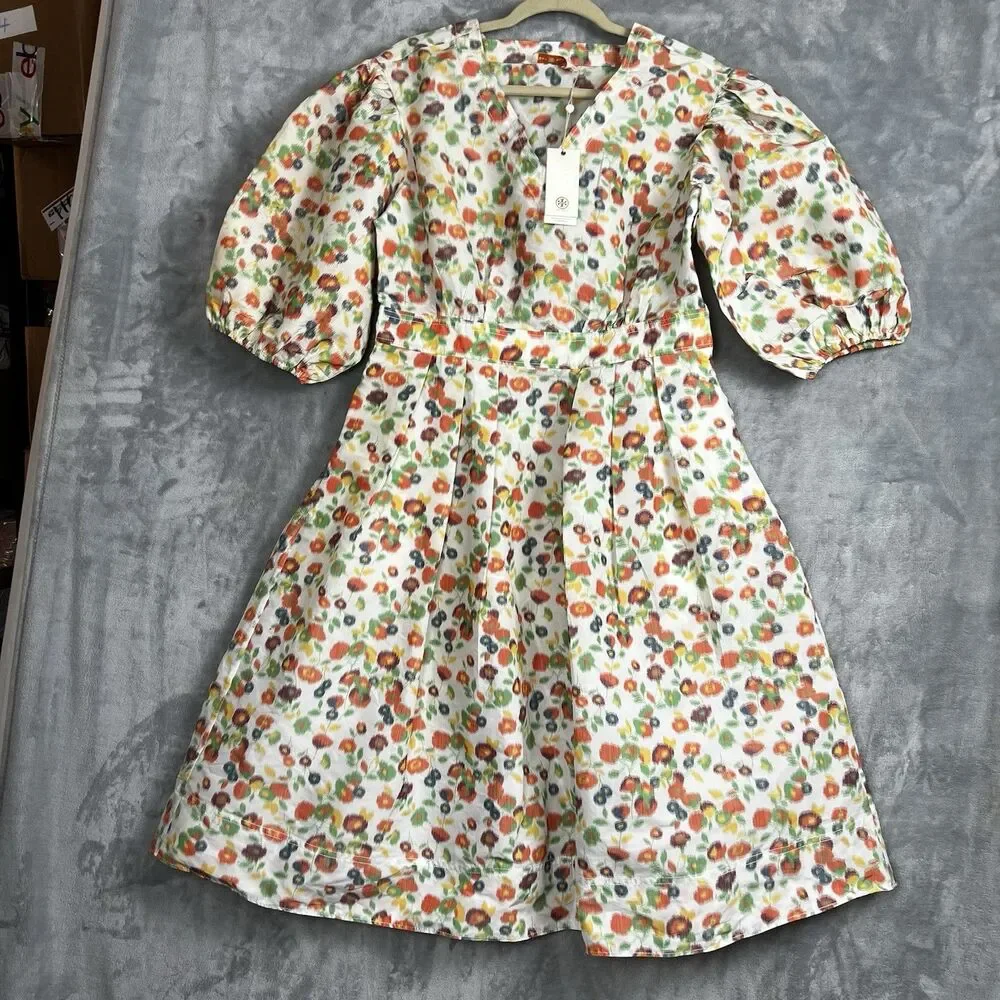Tory Burch Taffeta Puffed Sleeve Dress Tossed Confetti Floral V-Neck 63672 SZ 10